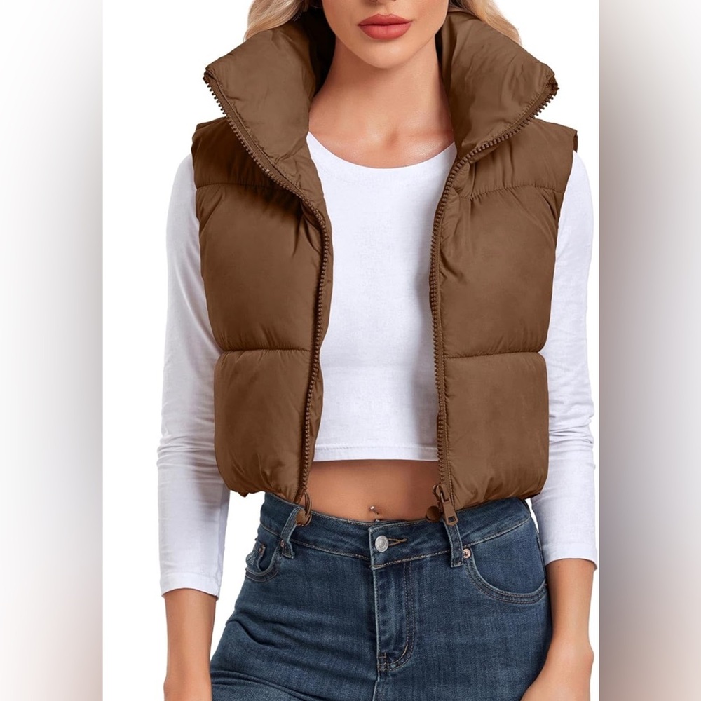 Women's Cropped Sleeveless High Stand Collar Zip Up Warm Padded vest M NIP - Picture 5 of 9